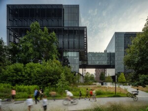 biking outside office building