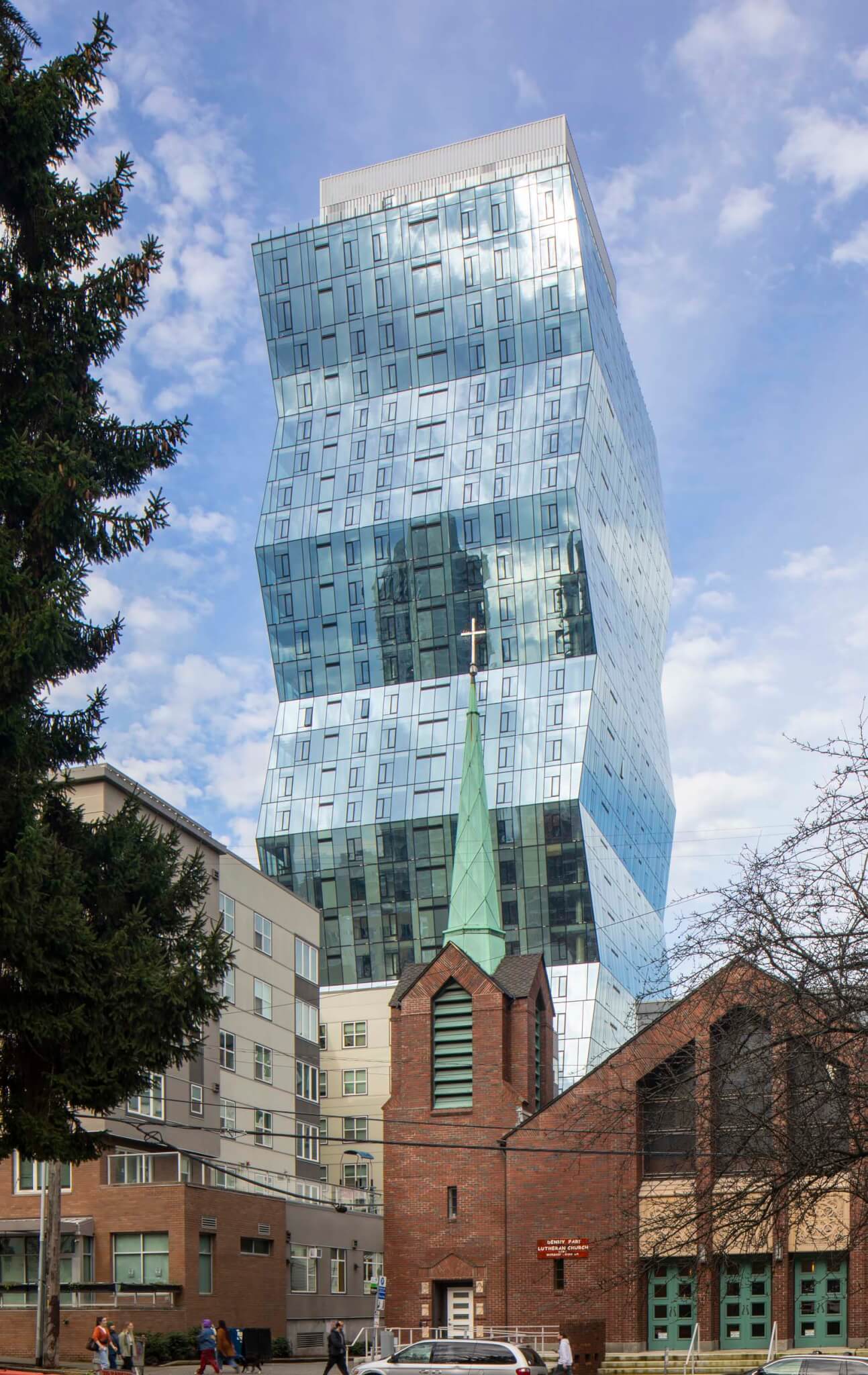 glass building with zig-zag shape