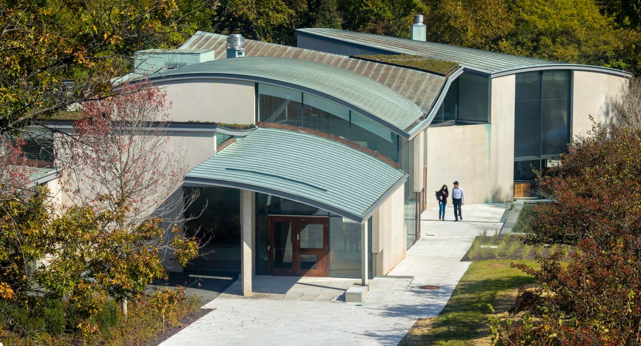 exterior view of building with layered roof