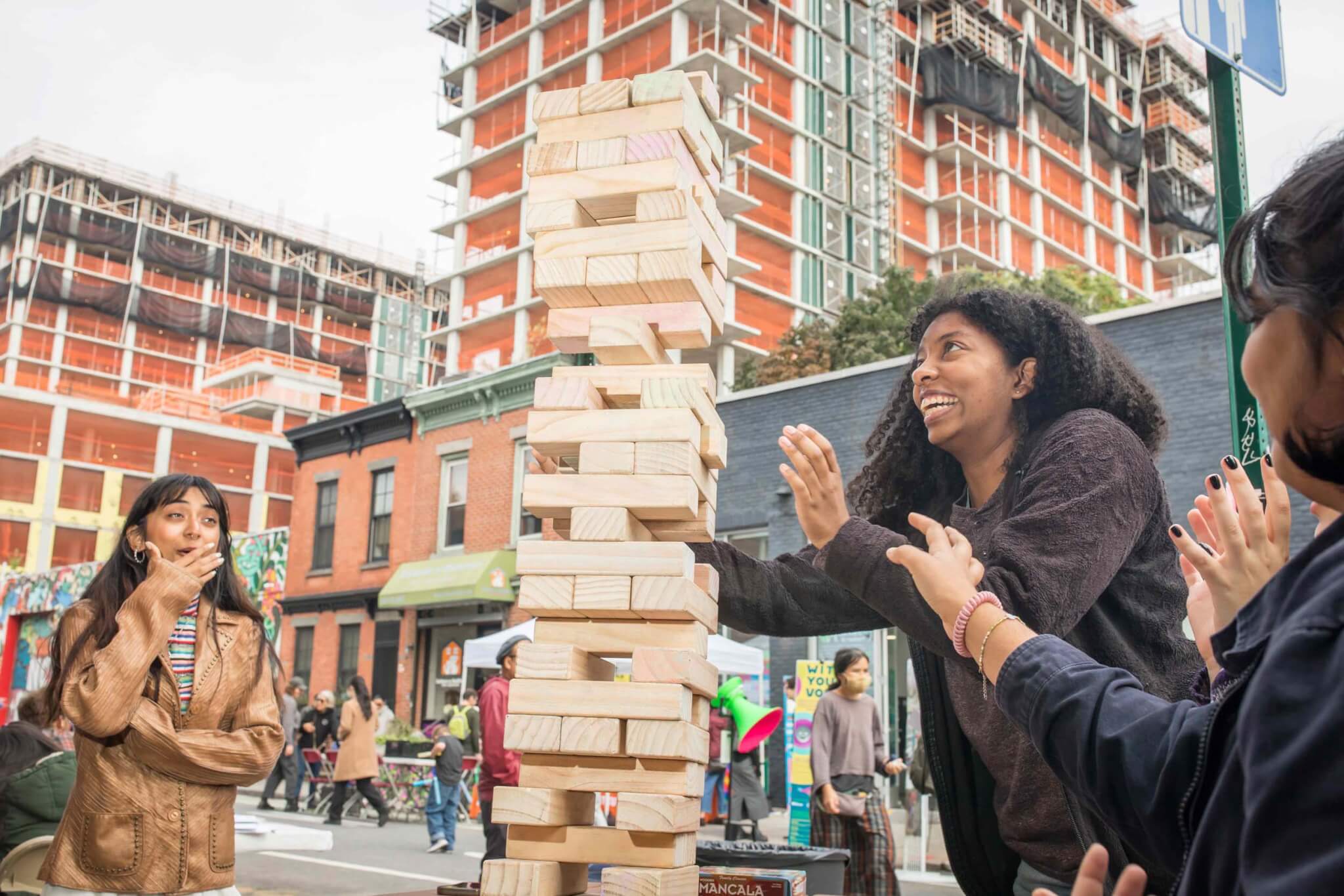 large jenga tower at block party