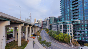 view of toronto skyline and the gardiner expressway