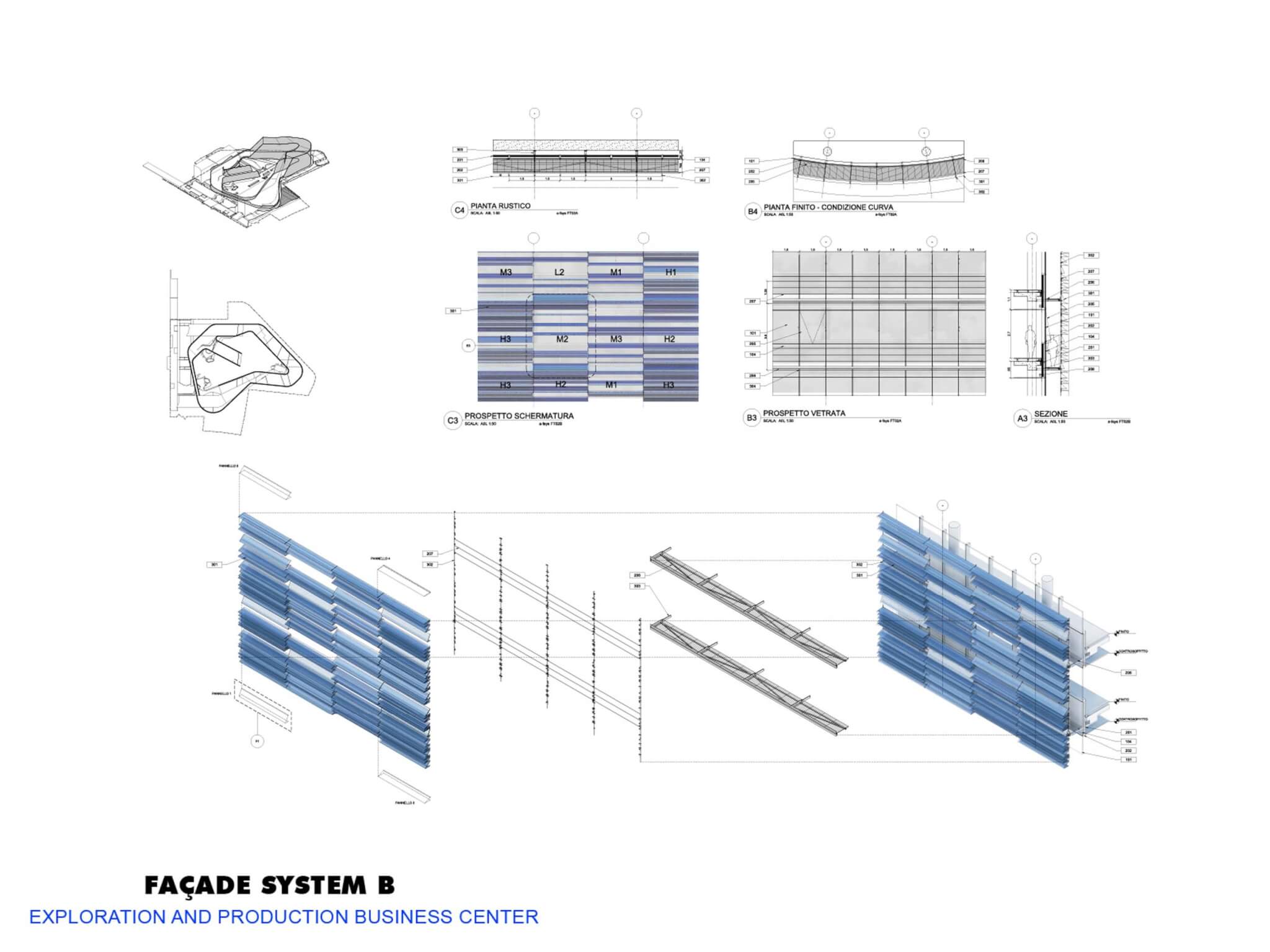 diagram of facade system B using blue louvers