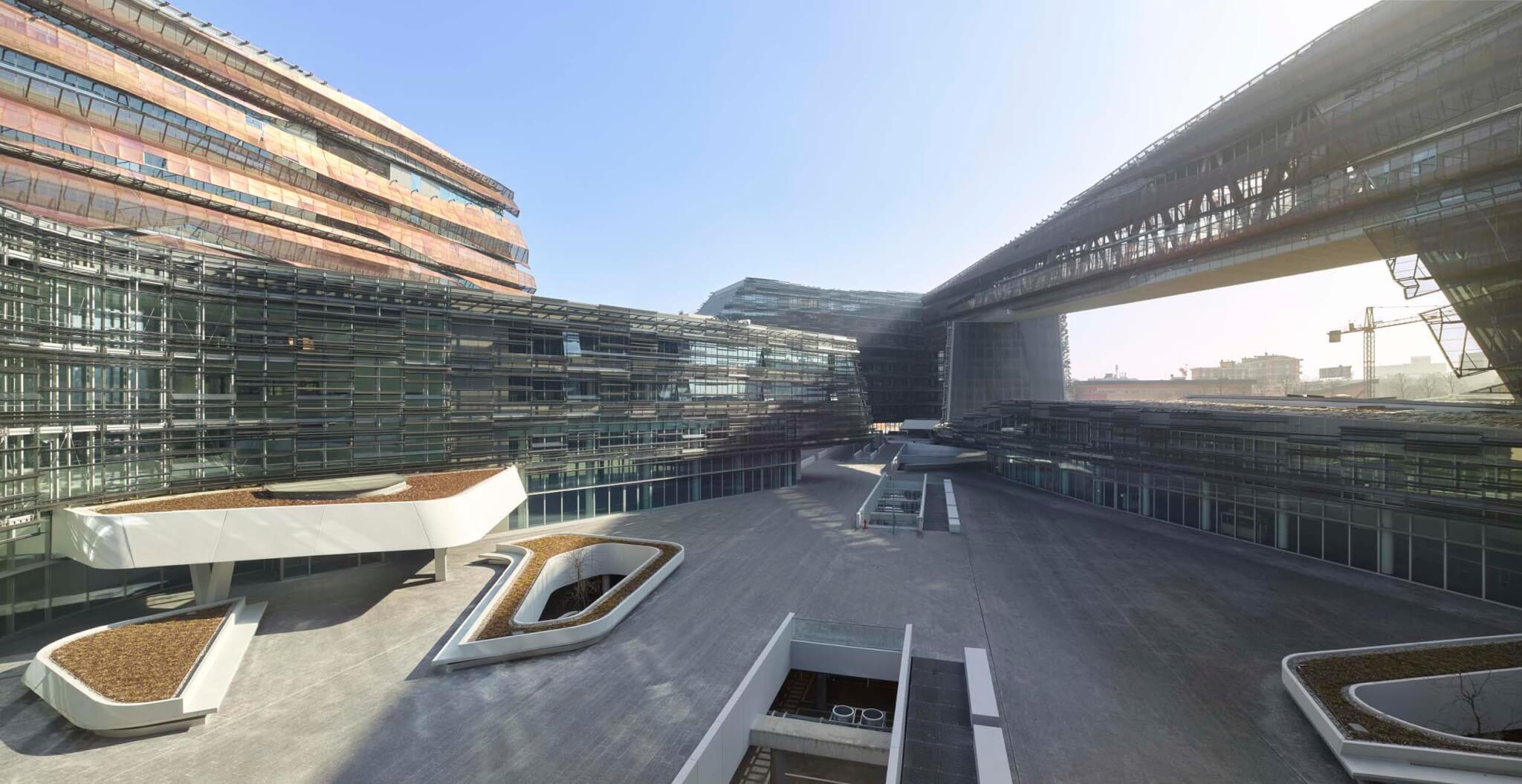 courtyard with office buildings surrounding