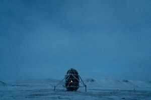 Exterior of the lunark pod in greenland, designed by saga space architects