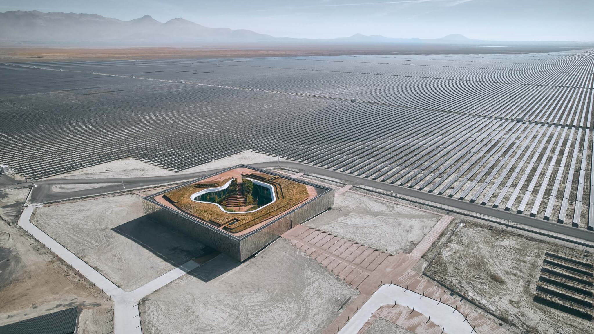 aerial view of Kalyon Karapinar Central Control Building with field of solar arrays