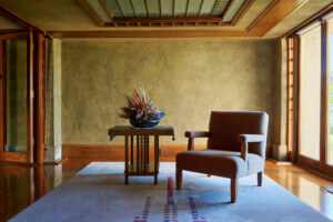 Dried flower arrangement in a minimalist background at Hollyhock House