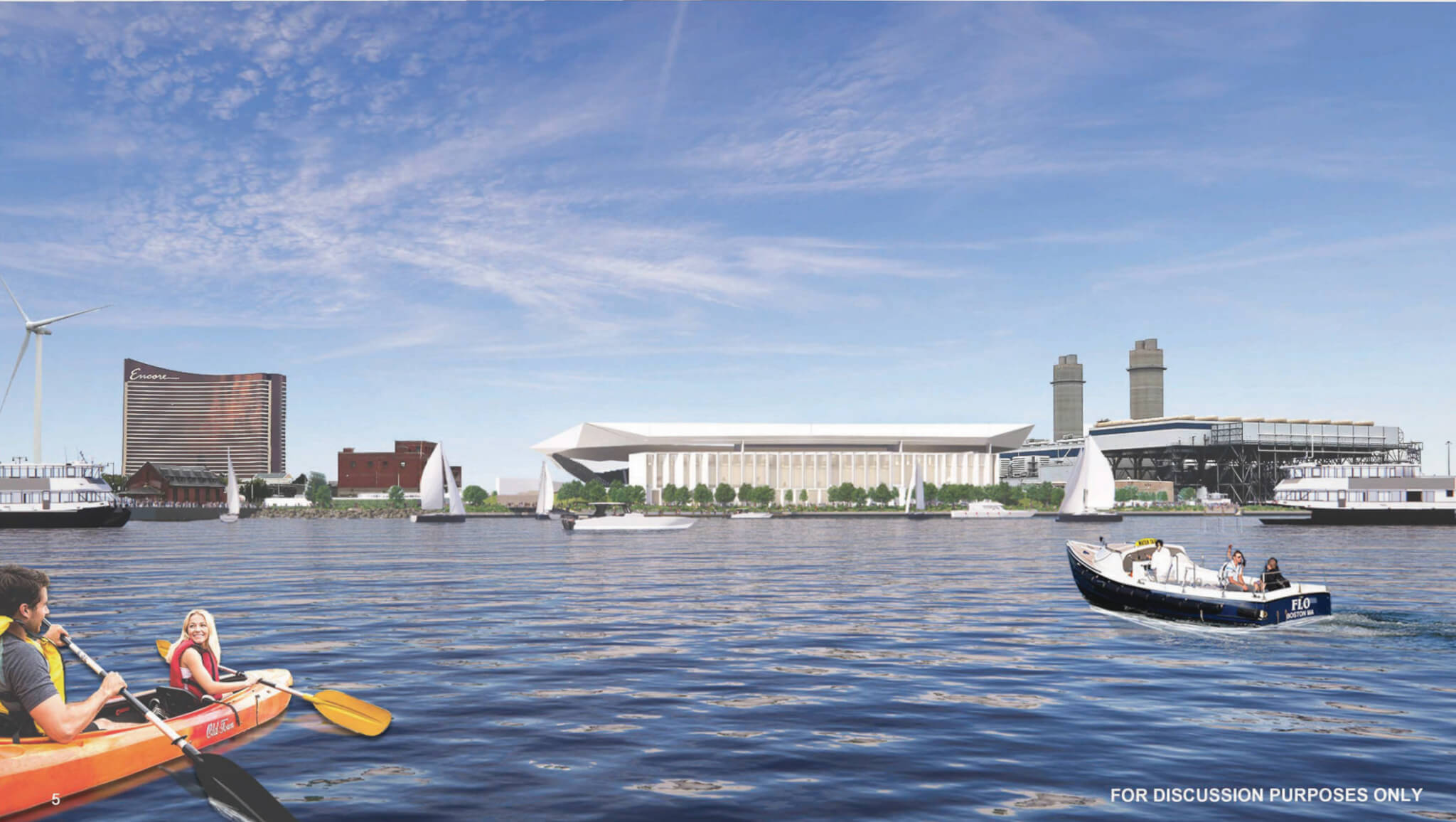 rendering showing boaters nearing the New England Revolution soccer stadium