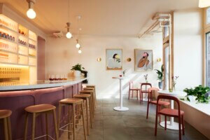 bar with wooden stools