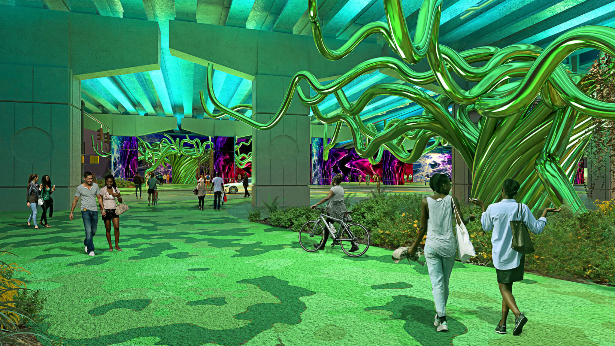 Rendering of a tree-like sculpture in a highway underpass with greenery surrounding it.