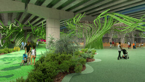 Rendering of a tree-like sculpture in a highway underpass with greenery surrounding it.