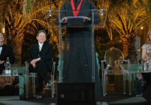 Arata Isozaki giving speech