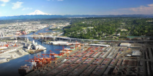 illustration of a bridge crossing a port area with a mountain in the background, the new West Seattle Bridge